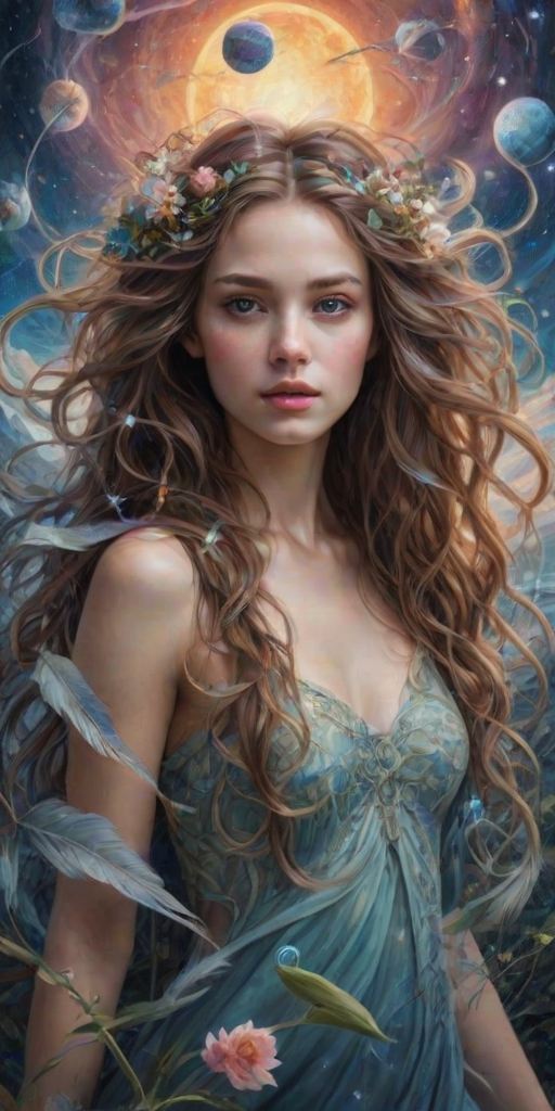 Create a series of imaginative portraits where each subject is infused with elements of fantasy and nature. The hair of the individuals should flow like clouds, varying from soft, fluffy cumulus to wispy cirrus strands, with hints of color reflecting a sunset or a clear blue sky. The eyes should be windows to entire galaxies, with stars, nebulae, and distant planets visible within them. Clothing should be adorned with nature motifs, such as floral patterns that bloom and change, vines that seem to grow and wrap around, or feathers that shimmer with iridescence. Each portrait should capture a unique personality, blending human features with the ethereal beauty of the natural and cosmic world. The backgrounds can vary, from starry night skies to enchanted forests, adding depth and context to the magical realism of the portraits