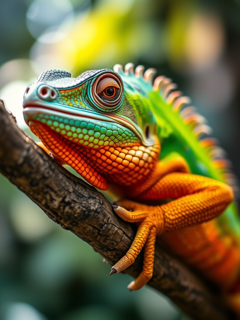 Close-up of an iguana resting on a branch, natural habitat, vivid colors, shallow depth of field, 50mm lens, f/2.8 aperture, ISO 200, soft natural lighting, DSLR camera, macro photography style.