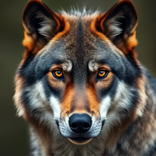 Create a highly detailed portrait of a majestic wolf with piercing yellow eyes, using a DSLR camera with a 50mm f/1.8 lens, aperture set to f/2.8, ISO 100, at a 1/200 shutter speed, in natural light with a shallow depth of field and soft bokeh background to enhance image quality.