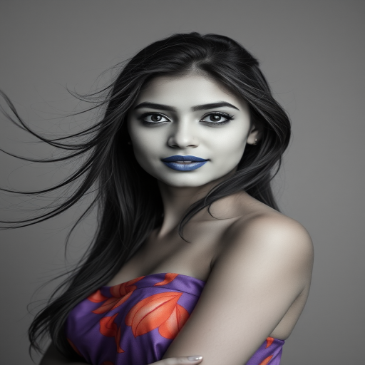 Photographic image of a beautiful young Bangladeshi woman, cyan eyes, lips with cyan lipstick, long hair fluttering in the wind and wearing a silk strapless dress with a soft purple and orange print. monochrome image with only color highlights in the iris of the eyes, lipstick and dress. Gray background.