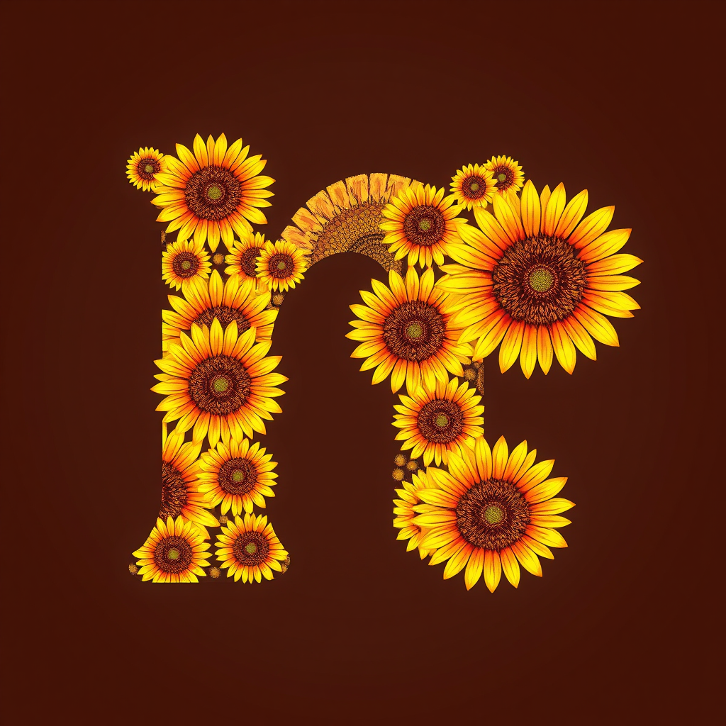 Generate an intricate illustration of the letter "n" filled with sunflower patterns in warm yellows and oranges, captured with a Canon EOS 5D Mark IV at f/2.8, 50mm lens, ISO 100, natural lighting, high-resolution digital art style.