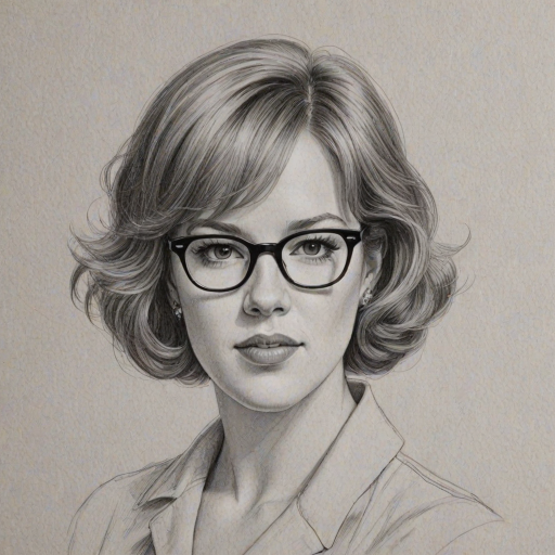 Exquisite Molly Ringwald, pencil sketch, portrait of Bewitching woman 1951s in glasses, hair style beatnik, outline, clear lines, fine lines, 8k