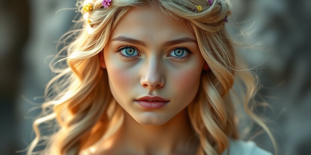Create an image of a young Cambodian woman with long, wavy blonde hair, adorned with small, colorful flowers woven into her braids and loose strands. Her complexion is fair, with soft, glowing skin, and she has light blue eyes that gaze softly at the viewer. She wears a light, flowing dress with a gentle, ethereal quality, complementing her delicate and serene appearance. The background is slightly blurred, drawing focus to her tranquil expression and the intricate details of the flowers in her hair. The overall mood of the image is one of natural beauty and grace, evoking a sense of peacefulness and connection with nature.