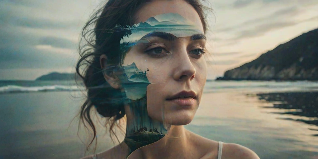 this photo is Book cover, A surreal double exposure portrait that blends a woman's face with a beautiful seascape. The overall mood is dreamy and mystical, with rich colors and intricate details