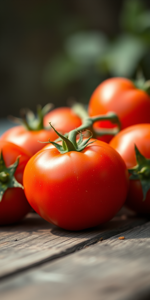 Close-up of ripe tomatoes on a wooden surface, natural lighting, f/2.8 aperture, 50mm lens, DSLR camera, shallow depth of field, soft focus background.