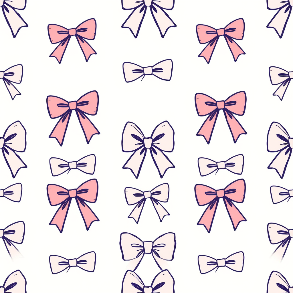 Create a repeating pattern of various bows in shades of pink and cream on a light beige background. The bows should have a hand-drawn or sketched appearance, with some bows being larger and others smaller, arranged in a balanced and aesthetically pleasing manner.