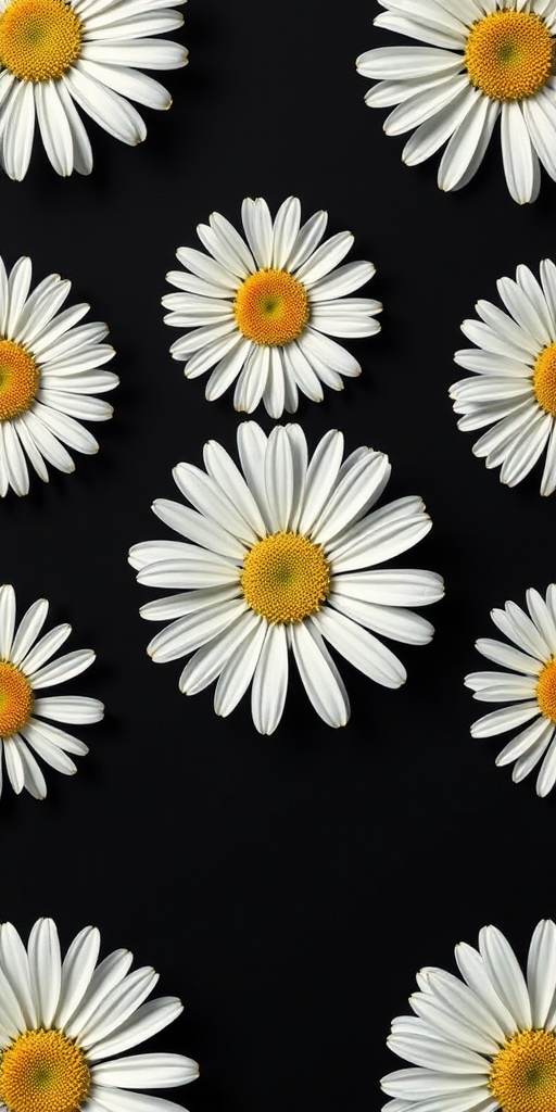 Create a seamless pattern of white daisies on a black background, captured with a Canon EOS R5, 50mm lens, aperture set to f/8 for sharp detail, 1/125 sec shutter speed, ISO 100, in natural lighting with a focus on vibrant colors and high resolution.