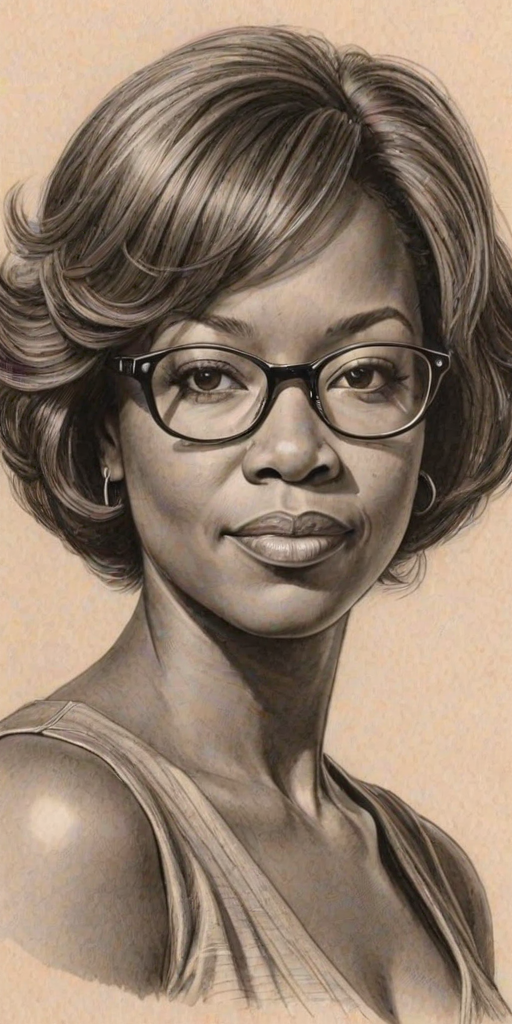 Superb Alfre Woodard, pencil sketch, portrait of Wonderful woman 1963s in glasses, hair style beatnik, outline, clear lines, fine lines, 8k