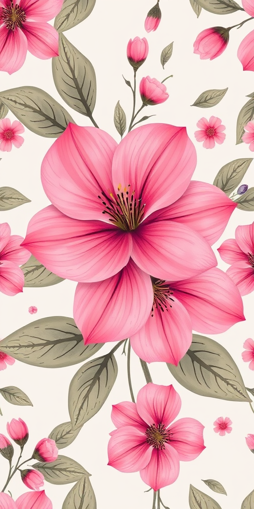 Create a seamless floral pattern with large stylized pink flowers and leaves on a light gray background, captured with a Canon EOS R5 at f/8, ISO 100, 35mm lens, top-down view, soft focus style.