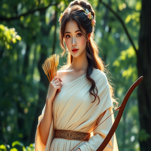 Create a portrait of a goddess-like Japanese girl figure in a tranquil, forested environment. She has an elegant appearance with long, wavy hair styled in an updo and adorned with a delicate, floral headband. She wears a flowing, ancient Greek-inspired gown in a soft, pale color, featuring a one-shoulder design and draped fabric that accentuates her graceful form. The outfit includes a decorative belt with ornate gold detailing, and she holds a bow in her hand, with a quiver of arrows slung over her shoulder. The background depicts lush greenery, with sunlight filtering through the trees, casting a gentle, ethereal light on the scene. Her expression is calm and contemplative, embodying a sense of wisdom and serenity.