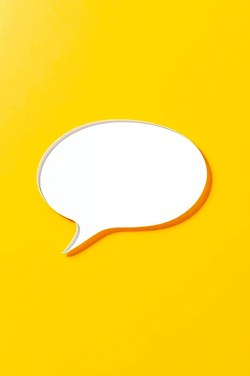 Create a vibrant illustration of a white speech bubble with a thought bubble emerging from it on a bright yellow background, shot with a Canon EOS R5, 50mm lens, f/2.8 aperture, ISO 100, natural lighting, and a high-resolution setting for crisp detail.