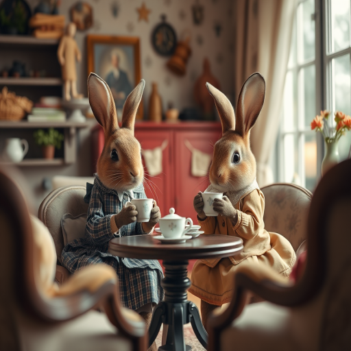 A whimsical scene of anthropomorphic rabbits dressed in vintage clothing enjoying tea in a cozy, well-furnished room, soft natural lighting, DSLR camera, 50mm lens, f/1.8 aperture, ISO 200, shallow depth of field.