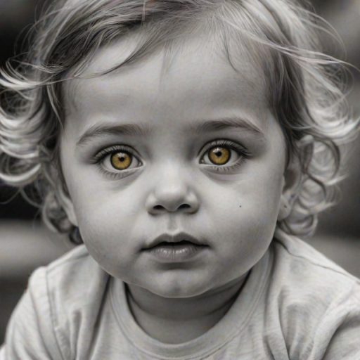 A hyperdetailed photorealistic black and white sketch of a beautiful toddler with deep Yellow eyes, with a macro focus