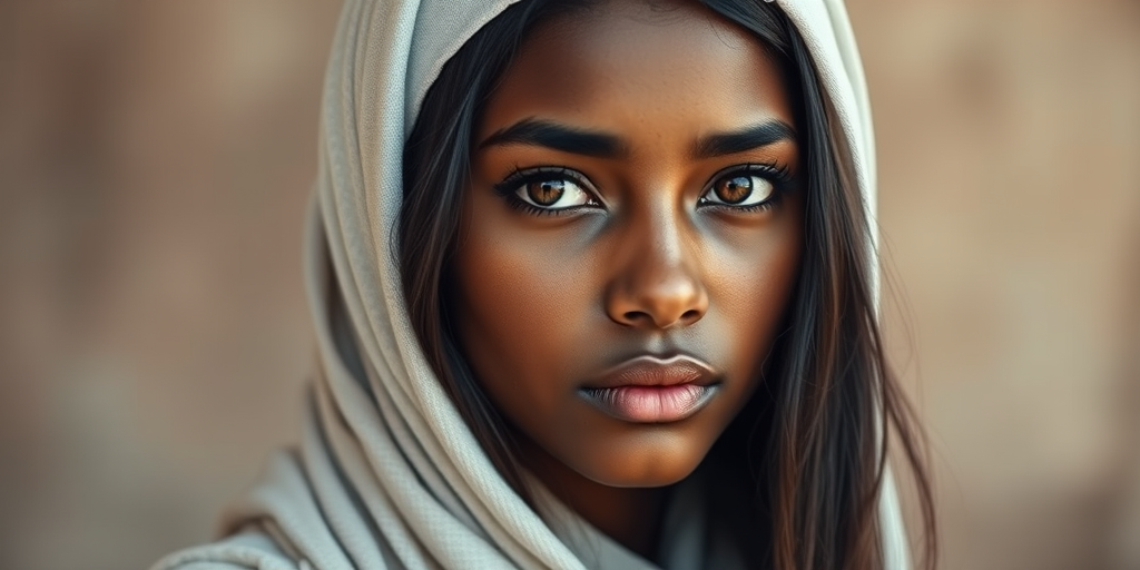 Create a portrait of a young Nubian female with long, dark hair and captivating hazel eyes. She is wearing a white headscarf and a matching scarf draped gracefully around her neck. The background is softly blurred, focusing attention on her serene and natural expression. The overall color palette is muted and warm, enhancing the intimate and authentic feel of the portrait.