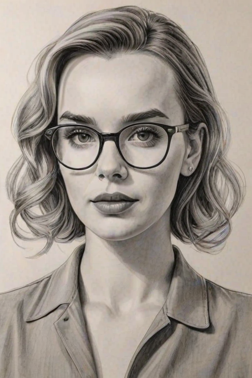 Captivating Jodie Comer, pencil sketch, portrait of Captivating woman 1950s in glasses, hair style beatnik, outline, clear lines, fine lines, 8k