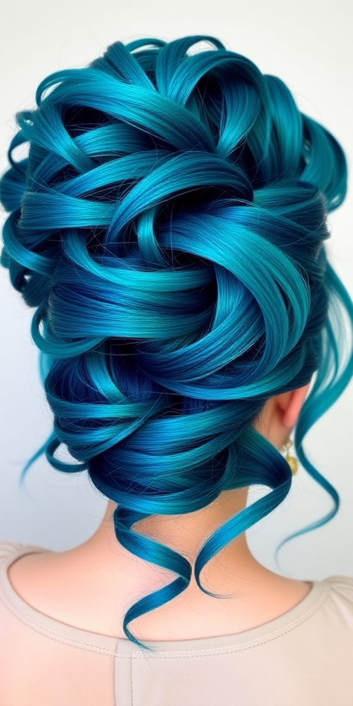 Captivating teal blue hair in a voluminous bouffant style, created by Aqua Skye, featuring a glossy finish with peacock-inspired highlights in shades of emerald and sapphire