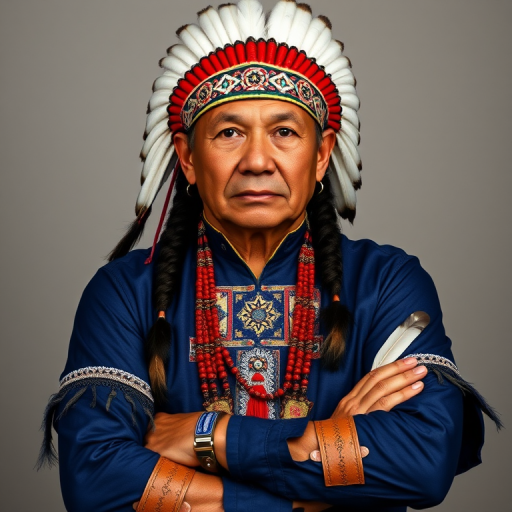 Create a dignified portrait of a Native American man dressed in traditional attire. He wears a beautifully crafted headdress adorned with white feathers and red beads, along with a beaded headband featuring intricate patterns. His clothing includes a deep blue, patterned shirt and a traditional chest piece with detailed beadwork. His arms are crossed, displaying leather armbands decorated with feathers. The background is simple and neutral, emphasizing his proud and stoic expression. The overall image captures the rich cultural heritage and strength of his persona.