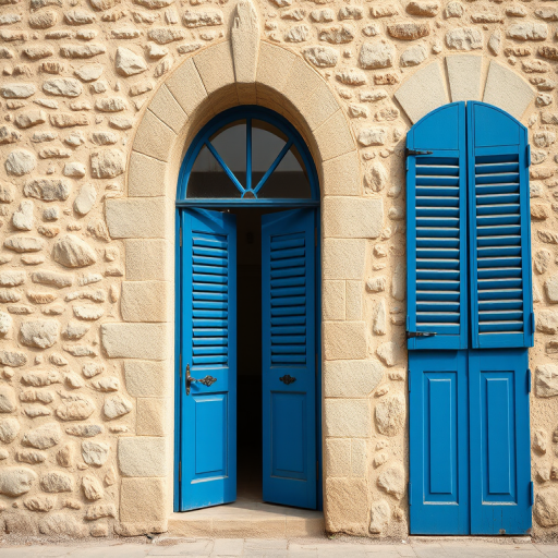 a rustic stone wall with an arched window and blue shuttered doors, soft natural lighting, 50mm lens, f/2.8 aperture, ISO 100, shot from eye level with a shallow depth of field, DSLR camera
