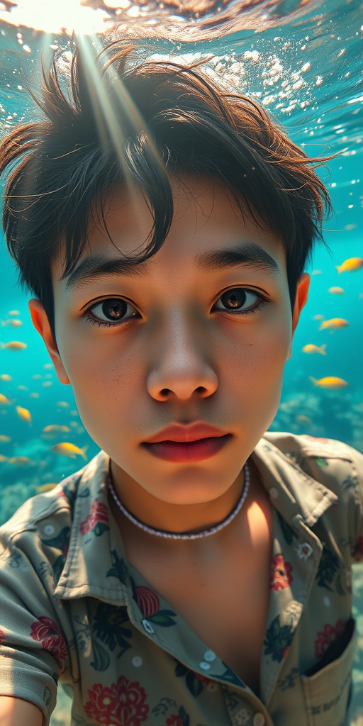 Realistic selfie image of a Singaporean, wearing a vintage outfit, detailed dreamy eyes, droopy hooded eyes, staring at the camera, taken underwater at coral reef with a sunbeam filtering through the water, vibrant, summer vacation, natural lighting, turtle and school of tropical fish with vibrant colors, rendered in the style of CryEngine, Pegi Nicol MacLeod, with realistic genre scenes, hauntingly beautiful narratives, ultra-realism, and Thomas Saliot's close-up technique, 8K resolution, crystal clear and sparkling water.