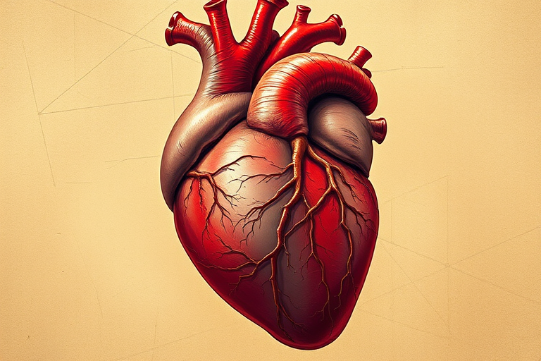 Create a detailed illustration of a human heart with intricate veins and arteries on a textured beige background, using a digital art style, simulated macro lens with a shallow depth of field, 50mm focal length, f/2.8 aperture, and 300 DPI resolution for enhanced quality.