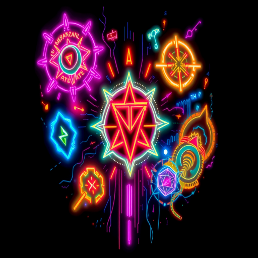 Neon-inspired tattoo titled "Electric Dreams" depicting luminous cyberpunk elements and futuristic symbols glowing against a dark background with pulsating colors and dynamic energy