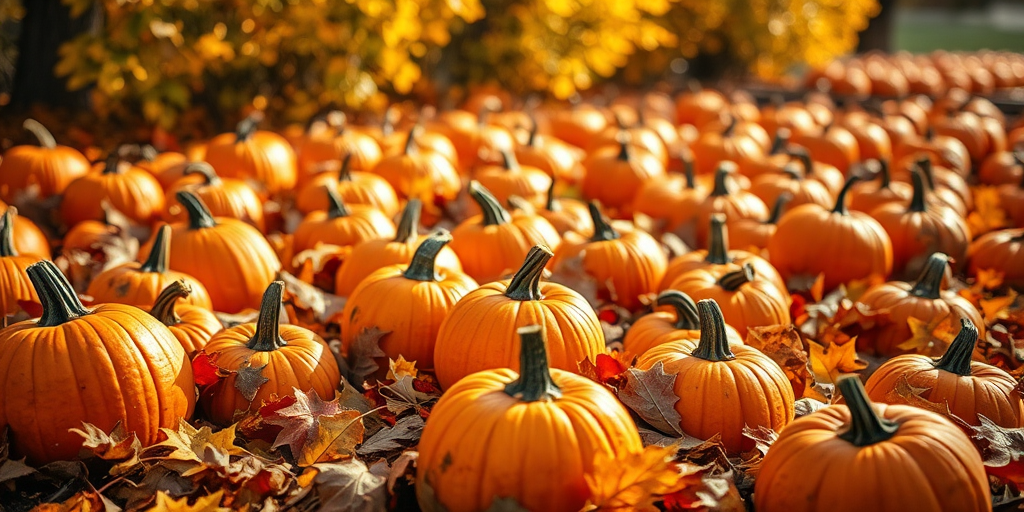 vibrant autumn scene with numerous orange pumpkins scattered among colorful fallen leaves, shot in natural light using a DSLR camera, 50mm lens, f/2.8 aperture, ISO 200, with a shallow depth of field to create a soft background blur, capturing warm tones and textures in high resolution.