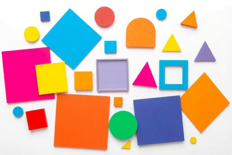 Create a vibrant composition of geometric shapes including squares, circles, and triangles in various bright colors arranged playfully on a white background, captured with a DSLR camera at f/2.8 aperture, ISO 100, 50mm focal length, using a top-down view for clarity and detail in the image.