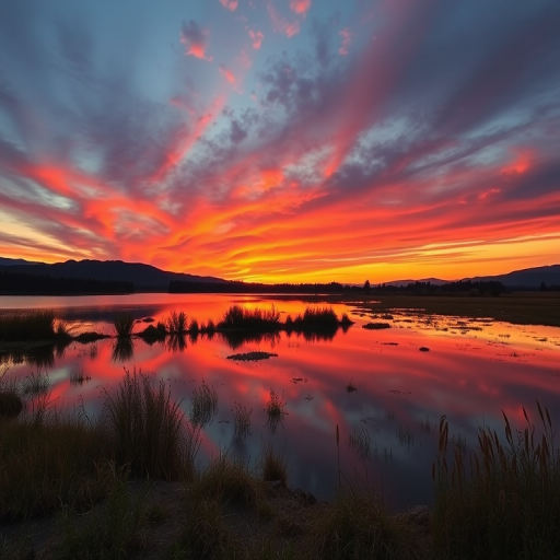 Create a high-resolution image of a serene landscape at sunset with vibrant hues reflecting off a calm lake, using a DSLR camera at f/8 aperture, ISO 100, 1/125 sec shutter speed, 24mm focal length, wide-angle view, and natural lighting to enhance details and colors.