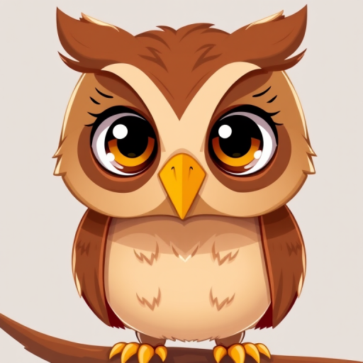 Create a cartoon-style illustration of a brown owl with large, expressive eyes and a yellow beak, centered in the frame using a high-resolution digital camera with a wide aperture of f/2.8, ISO 100, shutter speed of 1/250, 50mm lens, and soft diffused lighting to enhance colors and details.