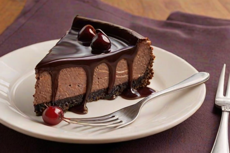 Create an image of a decadent chocolate cherry cheesecake with a glossy chocolate ganache topping. The cheesecake should have a rich layered appearance, featuring a crust made of dark chocolate cookies, a creamy filling with swirls of cherry, and topped with fresh cherries and chocolate shavings. The setting should be warm and inviting, highlighting the dessert's indulgent nature.