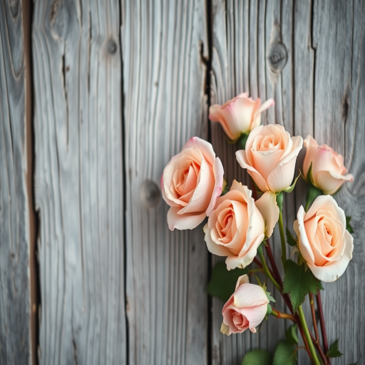 Create an image of a weathered wooden background with a subtle floral border featuring pastel roses, captured with a DSLR camera in macro mode, aperture set to f/2.8 for a shallow depth of field, ISO 200, at a focal length of 50mm, utilizing soft natural lighting for enhanced color saturation.