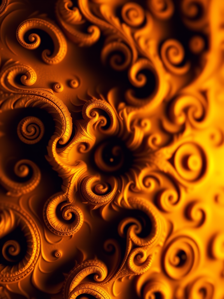 Generate a high-resolution fractal pattern with intricate swirling designs in warm golden-orange tones, using a macro lens at f/2.8, 1/125s shutter speed, ISO 100, and a focus on texture and detail to enhance visual depth.