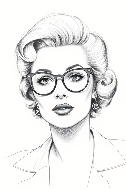Beautiful Bette Davis, pencil sketch, portrait of beautiful woman 60s in glasses, hair style beatnik, outline, clear lines, fine lines, 8k