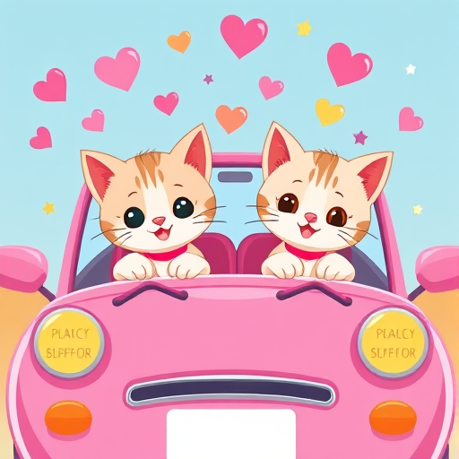 Generate a cute cartoon image of two adorable cats driving a pink convertible car with heart and star decorations floating above, using a vibrant color palette, taken with a 50mm lens, f/2.8 aperture, 1/200 sec shutter speed, in a playful and whimsical style, high resolution.