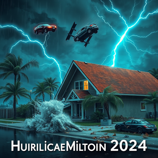Hurricane Milton blows a roof off a home. Strong winds and rain blows sideways. Palm trees uprooted and bent over. Cars flying through the sky with debris. Sky is dark with thunder storms. Lightning strikes are fluorescent blue. Add text Hurricane Milton 2024