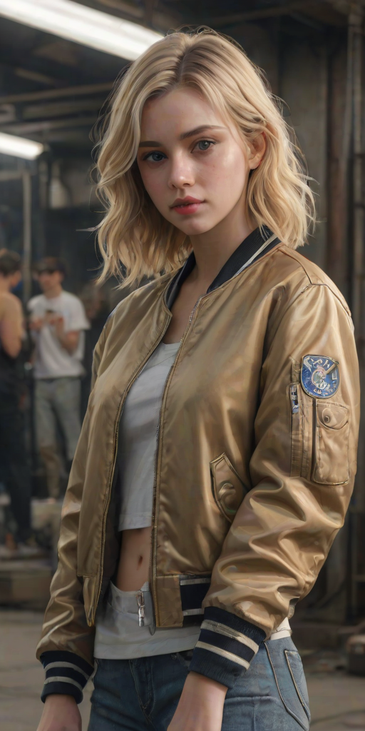 1girl, solo, blonde hair, medium hair, Cropped Bomber Jacket, refinery, masterpiece, best quality, highly detailed, score_9, score_8_up, score_8, semi-realistic, photorealistic