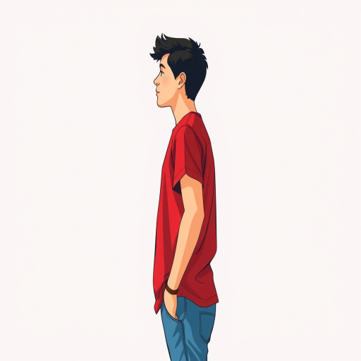 Create a side view illustration of a person wearing a red shirt and blue jeans with a smooth, flat design style, using a digital art camera with a 50mm lens, f/2.8 aperture, at a resolution of 300 DPI, in a simplified, vibrant color palette.
