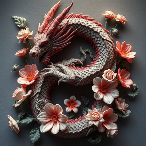 Create a highly detailed 3D rendering of a mythical dragon entwined around stylized flowers, using a Canon EOS R5 camera set to ISO 100, f/8 aperture, 50mm lens, natural light, and a slight overhead angle to enhance textures and colors.