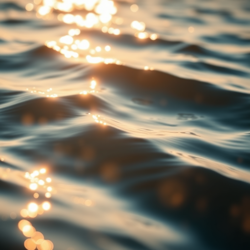 Capture a close-up of sunlight reflecting off water with soft waves, using a Canon EOS 5D Mark IV, aperture f/2.8, shutter speed 1/200s, ISO 100, with a shallow depth of field and a warm color palette to enhance the shimmering effect of the water.