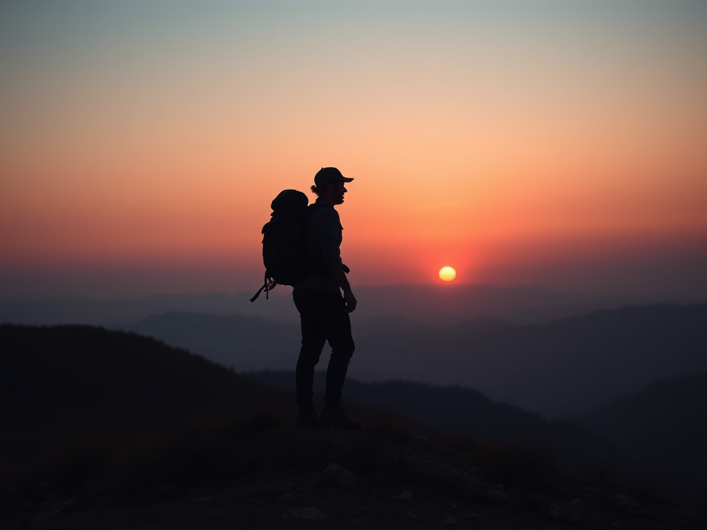 a silhouette of a hiker standing on a hill with a sunset backdrop and mountains in the distance, soft pastel colors of pink and orange in the sky, shooting with a Canon EOS R5, 50mm lens, f/8 aperture, ISO 100, golden hour lighting, wide-angle view, high resolution, sharp focus on the foreground