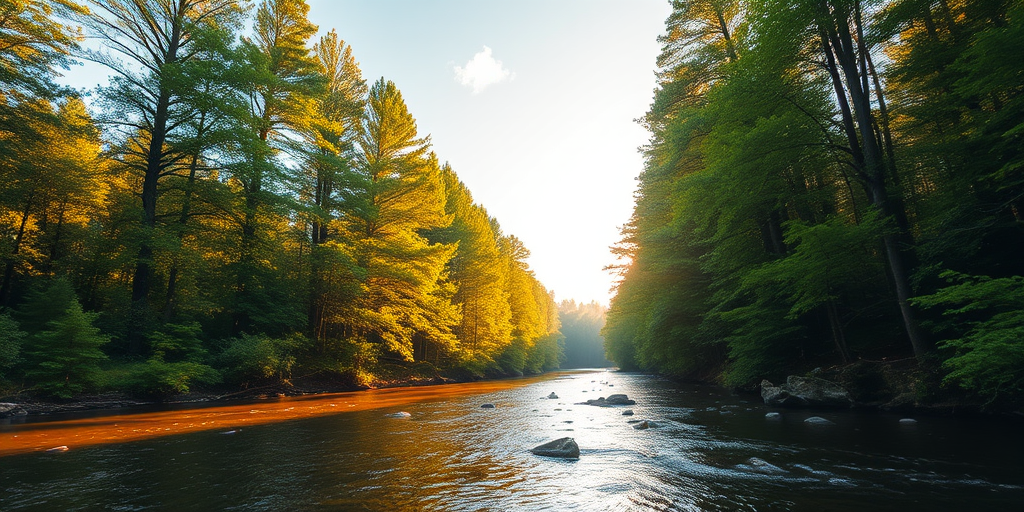 Create an image of a serene, sunlit forest scene with a clear, gently flowing river. Tall trees with lush green foliage line both sides of the river, their leaves bathed in the warm golden light of the setting or rising sun. The sunlight filters through the trees, casting soft, dappled light on the river, which flows over smooth rocks and pebbles, creating a peaceful, natural atmosphere. The sky is bright with a few scattered clouds, and the overall mood is tranquil, evoking a deep sense of connection with nature. The image captures the beauty of a calm, pristine forest landscape at either dawn or dusk.