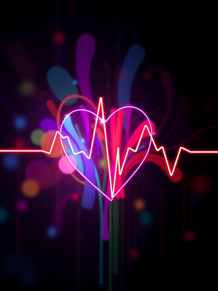 Create a colorful heartbeat line illustration with a vibrant, abstract style, using a Canon EOS R camera, 50mm lens, f/2.8 aperture, ISO 100, and natural light for enhanced clarity and detail.