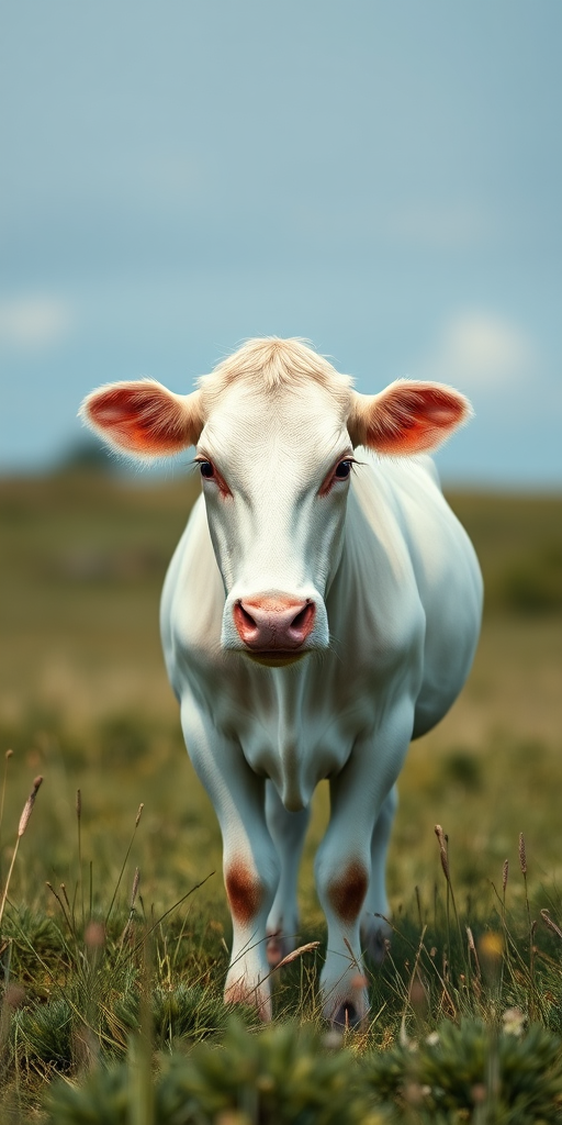 Create a realistic illustration of a white cow standing in a grassy field, captured with a Canon EOS 5D Mark IV at f/8 aperture, 1/200 sec shutter speed, 100 ISO, using a 50mm lens to focus on the cow with a shallow depth of field for a dreamy background effect.