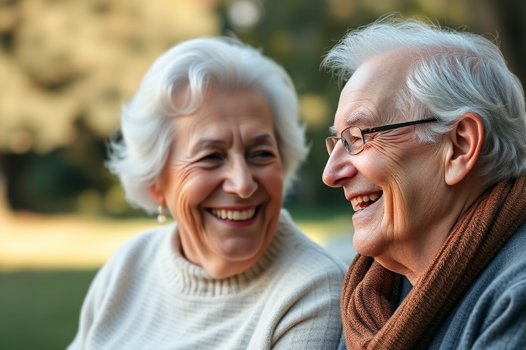 portrait of an elderly couple smiling at each other in a soft, natural setting, 50mm lens, aperture f/2.8, ISO 200, shallow depth of field, natural lighting, captured with a digital SLR camera