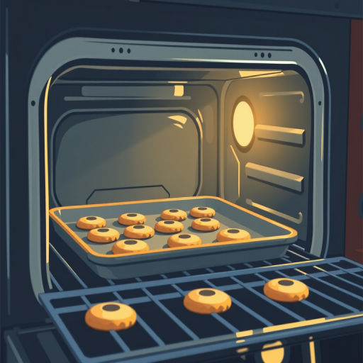 Generate a highly detailed illustration of an oven with a tray of cookies inside, using a DSLR camera with a 50mm lens, aperture set to f/2.8, ISO 100, and a soft focus background to highlight the cookies in the foreground.