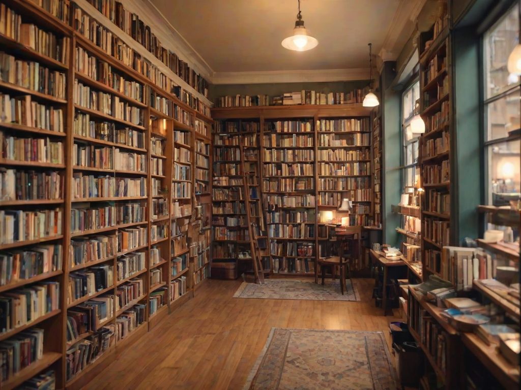 Soft-focus image of a charming bookstore with shelves filled with books, soft light illuminating cozy reading nooks and a welcoming atmosphere.