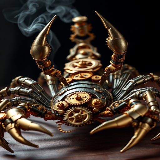 Create a high-intensity, high-resolution image of a steampunk scorpion, featuring intricate clockwork mechanisms and brass gears. The scorpion should have metallic limbs with elaborate jointed segments, showcasing a blend of Victorian-era aesthetics and futuristic technology. The body should be adorned with cogwheels, pistons, and small steam vents emitting a subtle mist, the front pinchers should up up and open. Capture the scene with dramatic lighting to emphasize the mechanical details, giving it a sense of motion and life