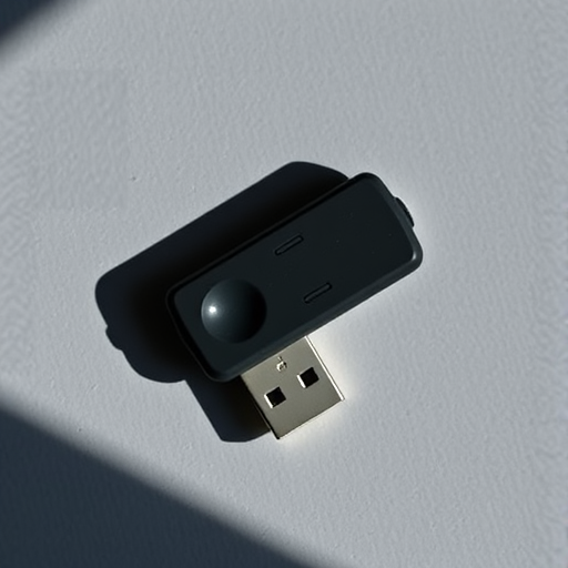 Create a high-resolution image of a USB flash drive with a modern design, captured with a DSLR camera using a 50mm lens at f/1.8, ISO 100, and natural lighting from the side for soft shadows, top-down view to emphasize shape and texture.