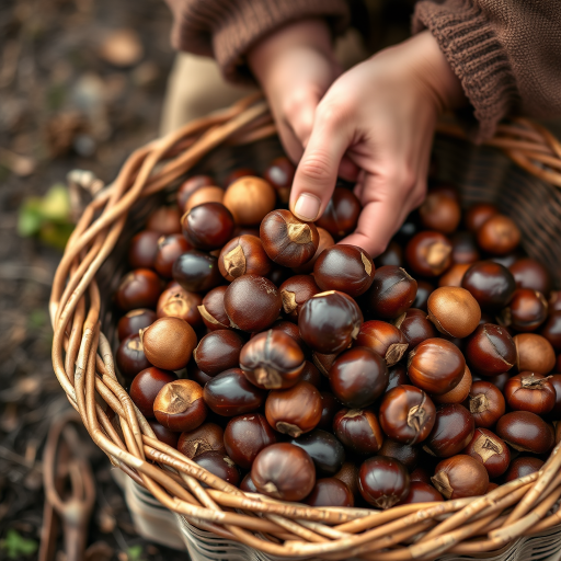 close-up of hands sorting chestnuts in a rustic woven basket, soft natural lighting, shallow depth of field, ISO 200, f/2.8, 1/100s, 50mm lens, DSLR camera, overcast day for even lighting