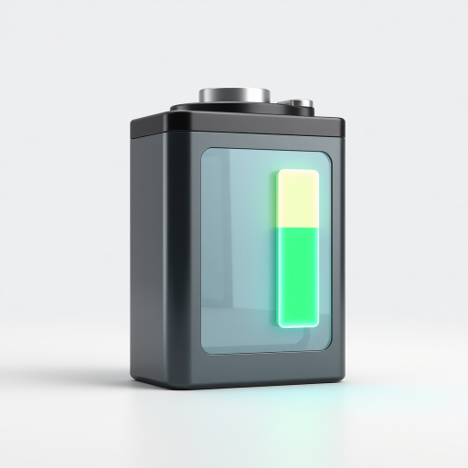 Create a high-quality 3D render of a battery with a low charge indicator, using a wide-angle lens at f/8, ISO 100, and a softbox lighting setup. Use a DSLR camera for clarity and detail, and place the battery against a clean, simple background for focus.